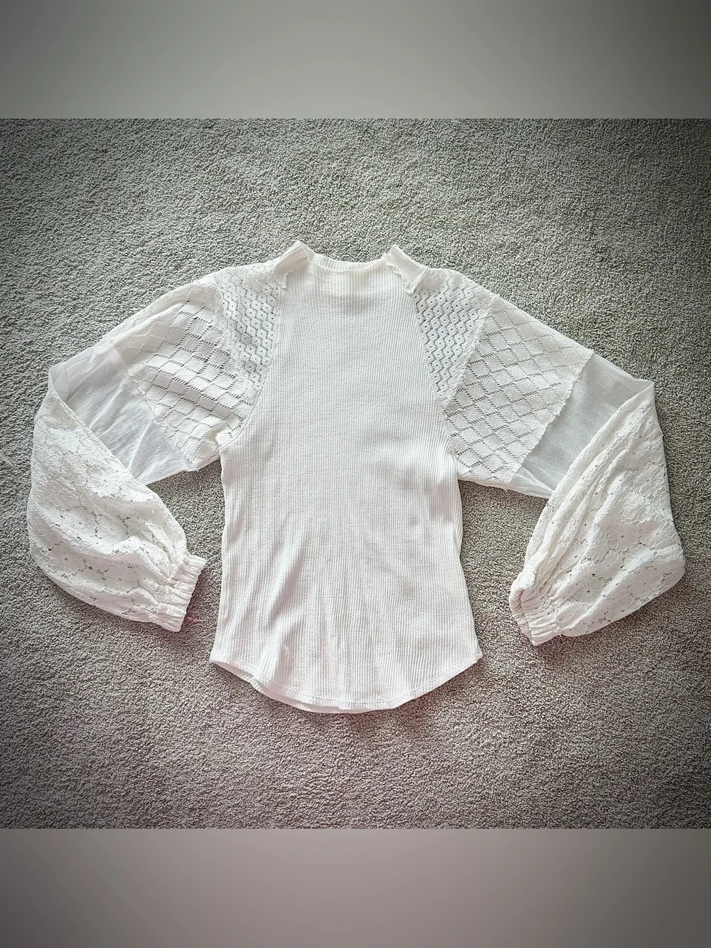 Free People White Lace Balloon Sleeve Mock Neck Ribbed Top
